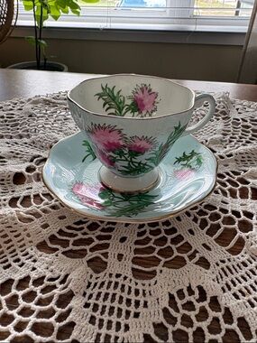 Foley “Glencarry Thistle” Pink Floral Teacup and Saucer Set with Gold Trim